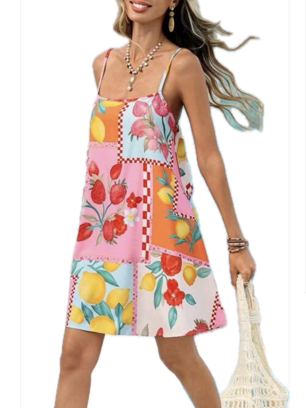 NWOT SHEIN Fruit Patchwork Spaghetti Strap Mini Dress - Pink/Orange/Yellow